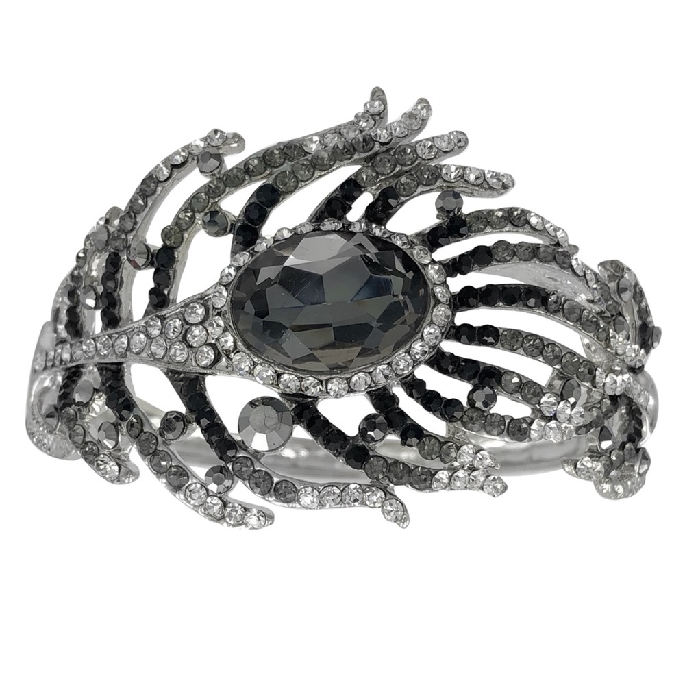 Grey Black Peacock Feather Rhinestone Statement Silver Hinged Bangle Bracelet